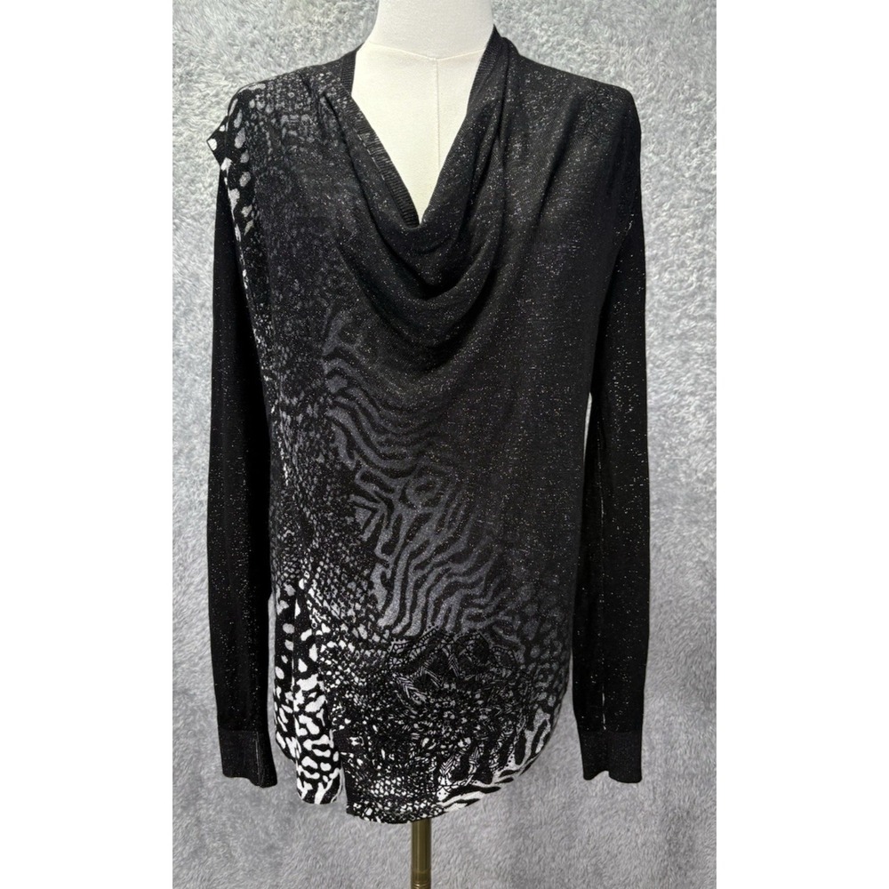 Desigual Womens M Black Metallic Cowl Neck Sweater Asymmetrical Zip Animal Print